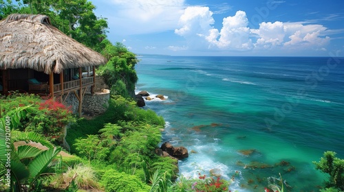 A beautiful view of a tropical beach from a cliffside villa.