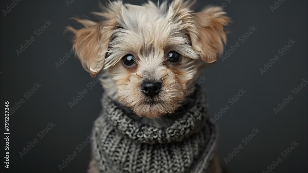 Maltese terrier puppy in stylish cardigan for grooming photoshoot. Concept Pet Photoshoot, Dog Fashion, Stylish Cardigan, Grooming Session