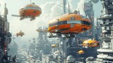 Retro futuristic cityscape with flying cars