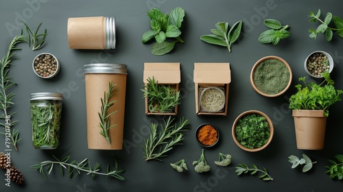 Flat lay of various herbs and spices on a dark background. photo
