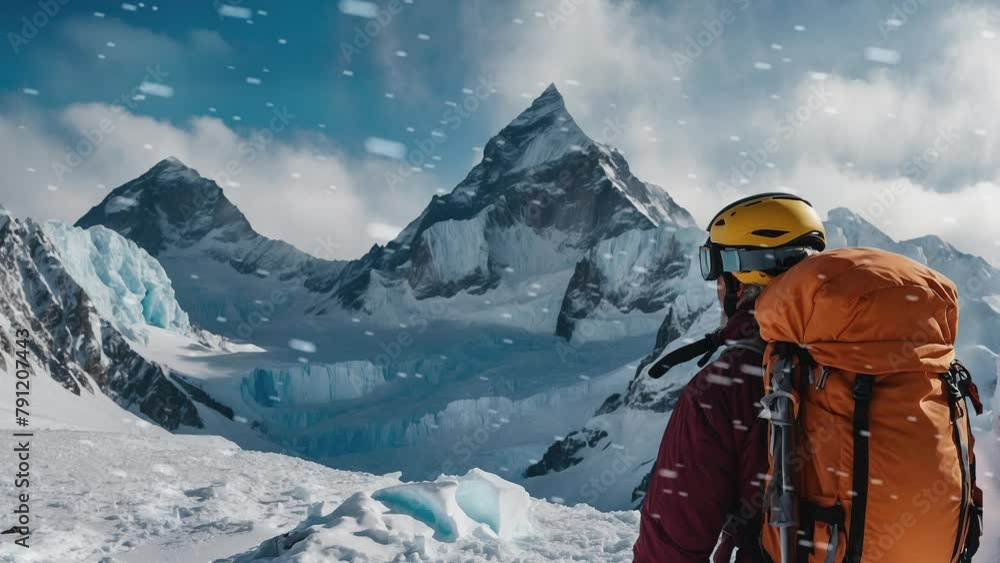 Solitary mountaineer facing snowstorm on snowy mountaintop. Concept of achievement and exploration in mountaineering Solitary mountaineer facing snowstorm on snowy mountaintop. Concept of achievement and exploration in mountaineering