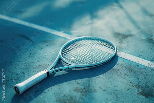 A clean shot of a tennis racket resting on a pristine court. photo