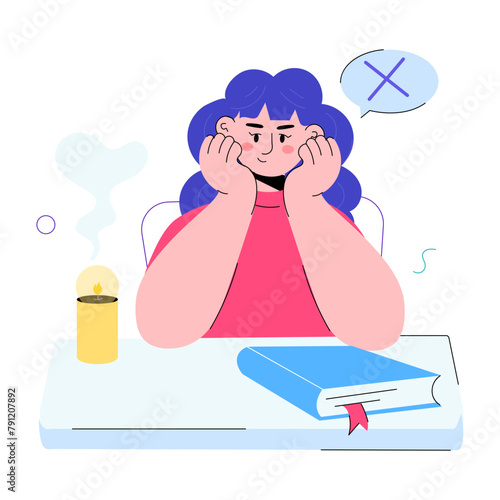 Tired girl resting elbows, doodle mini illustration 