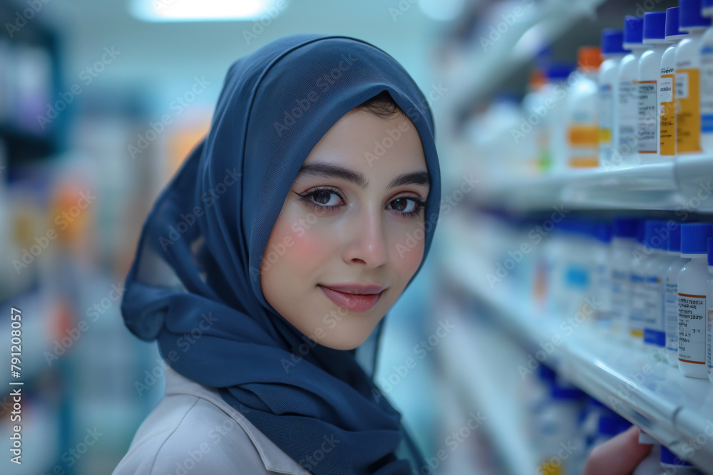 a 25 year old female pharmacist wearing a hijab and pharmacist uniform is checking the medicine shelf a 25 year old female pharmacist wearing a hijab and pharmacist uniform is checking the medicine shelf
