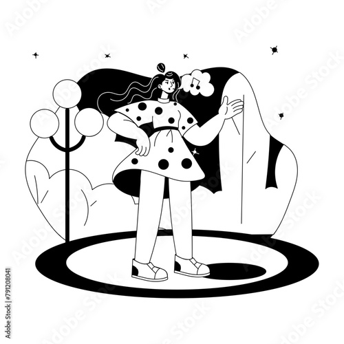 Latest doodle mini illustration of girl whistling 