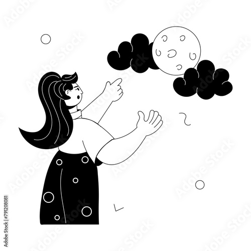 Girl is pointing moon, hand drawn mini illustration 
