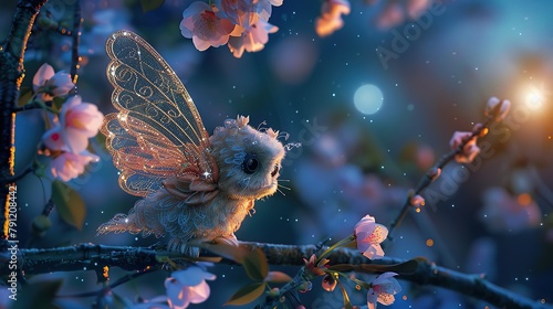 woolen scenery at Night in April, a very cute Sweet woolen creature sitting on a cherry blossom in April, she has transparent filligree Wings photo