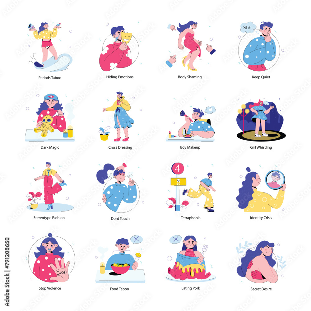 Fototapeta premium Pack of 16 Taboo Doodle Mini Illustrations