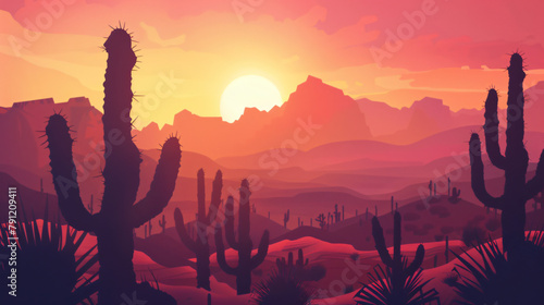 Desert Sunset: Cacti Silhouettes, Distant Mountains