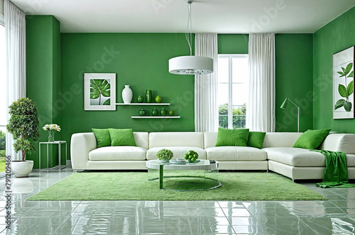 modern interior design living room mockup sofa table couch windows furniture green and white tone