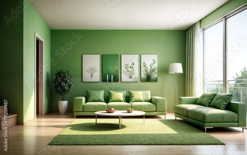 modern interior design living room mockup sofa table couch windows furniture green and white tone