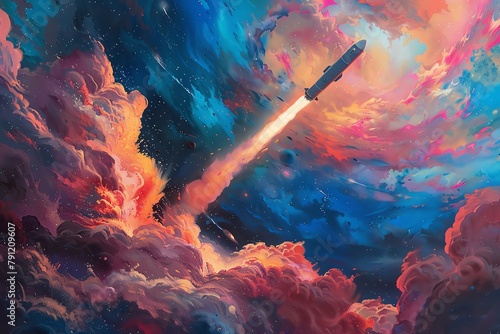 Capture a detailed, vibrant oil painting of a close-up shot of a sleek rocket piercing through billowy, cotton candy clouds in space photo