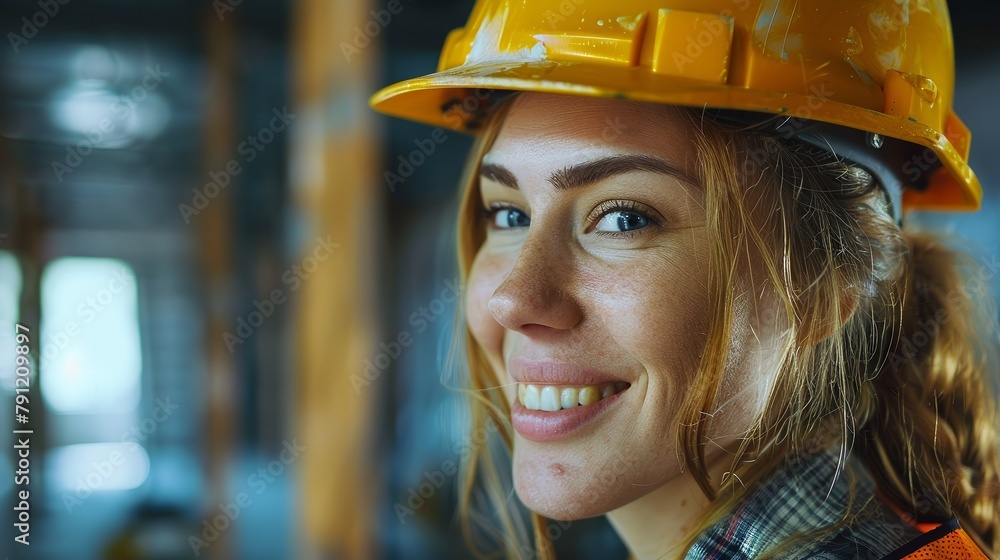 Smiling female builder at work. Construction background. Smiling female builder at work. Construction background.