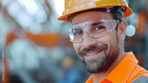 Man in safety gear smiling. Construction worker portrait