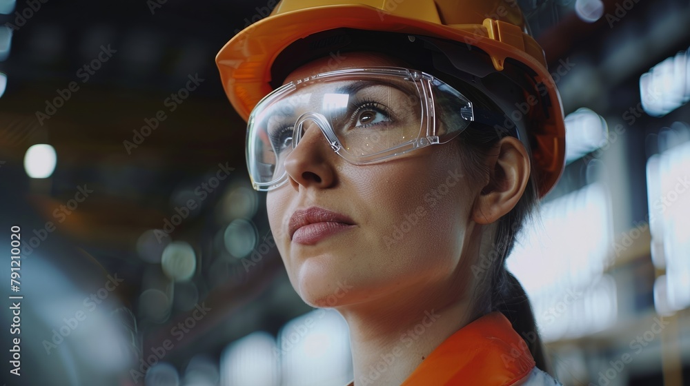 Woman in construction gear. Female worker with safety equipment Woman in construction gear. Female worker with safety equipment