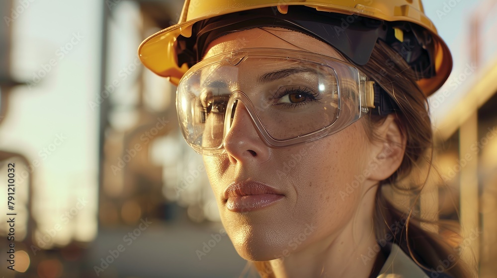 Woman in construction gear. Female worker with safety equipment Woman in construction gear. Female worker with safety equipment