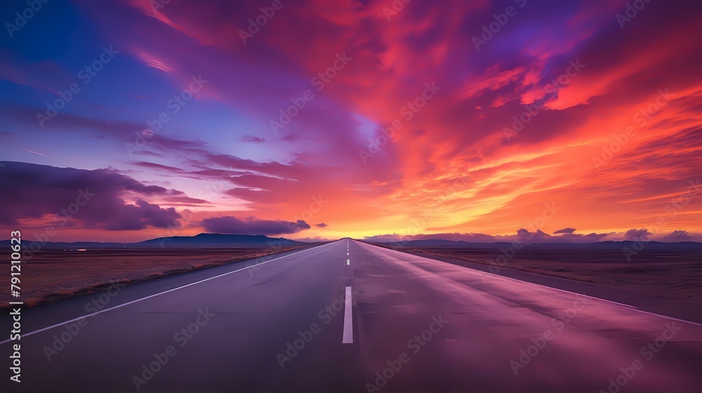 A long and winding road with a beautiful sunset in the backgroun