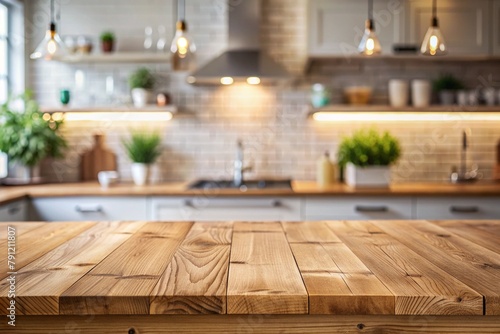 Empty beautiful wood table top counter and blur bokeh modern kitchen interior background in clean and bright,Banner, Ready for product montage