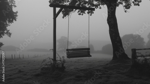 A creaky old swing swaying rhythmically in the wind tempting visitors to take a seat and feel the ghostly presence. . photo