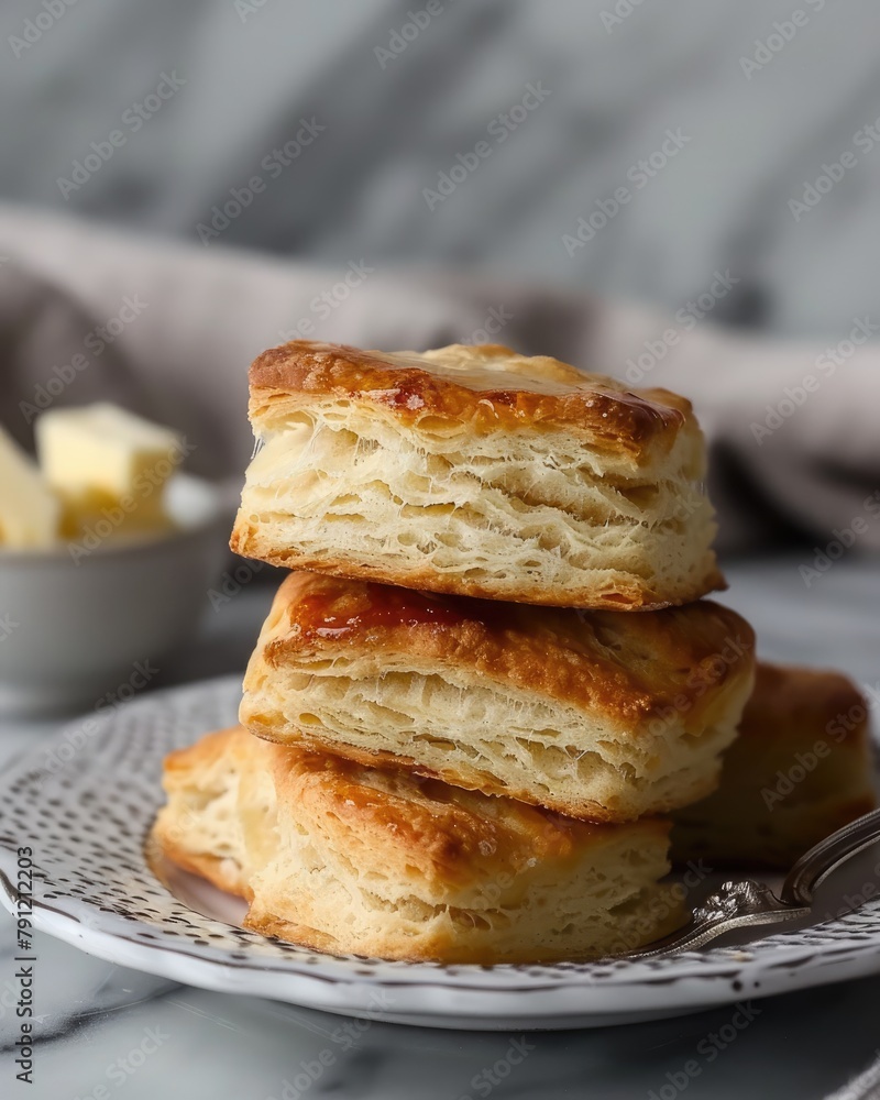 Stack of golden, flaky biscuits served with butter and honey on a delicate china plate, perfect for a cozy breakfast.