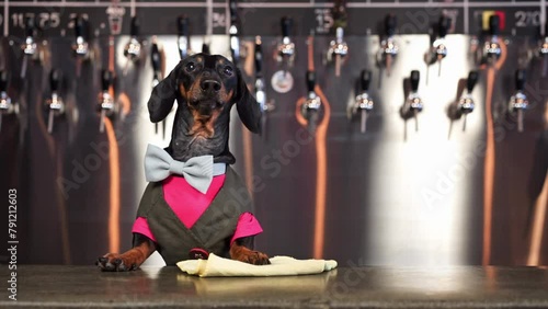 Dachshund dressed in bartender costume stands at bar ready to serve guests. Animal with bowtie and vest greets visitors with friendly yap photo