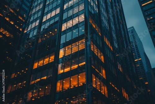 Modern office building windows lit in evening night early morning long working hours exhaustion overtime exterior urban architecture skyscraper lights tower financial sector banking hq headquarters