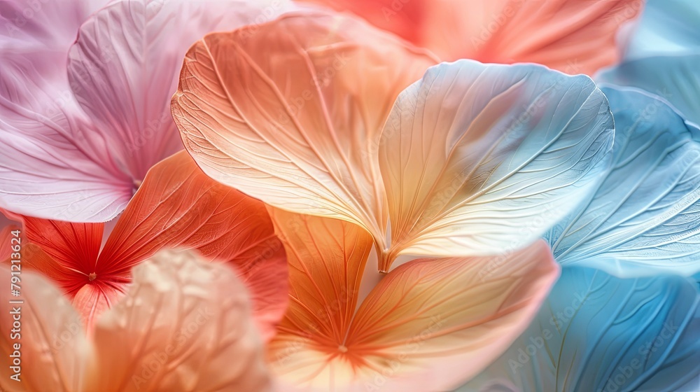 A vibrant abstract display of overlapping flower petals in pastel hues.