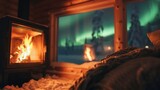 Fall asleep to the soothing sound of a crackling fireplace with the mesmerising display of the aurora borealis as your stunning backdrop. 2d flat cartoon.