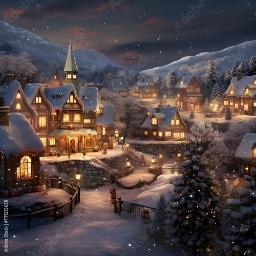 Winter village with houses and trees at night. Digital painting. 3D illustration.
