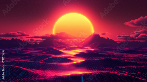 Cyberpunk retrofuturistic technology background. Perspective laser grid going into infinity horizon skyline. photo