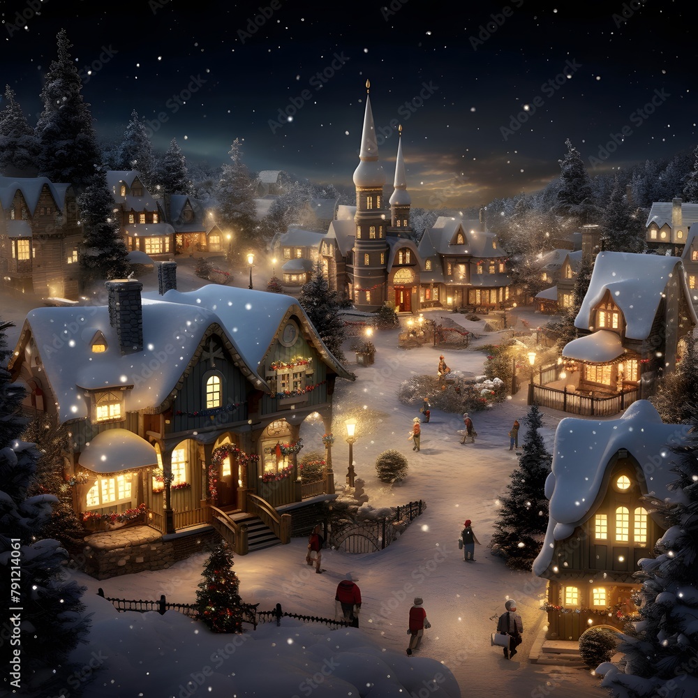 Digital painting of a small village at night with christmas trees and houses