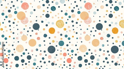 A playful, modern abstract pattern with colorful dots and textured circles.