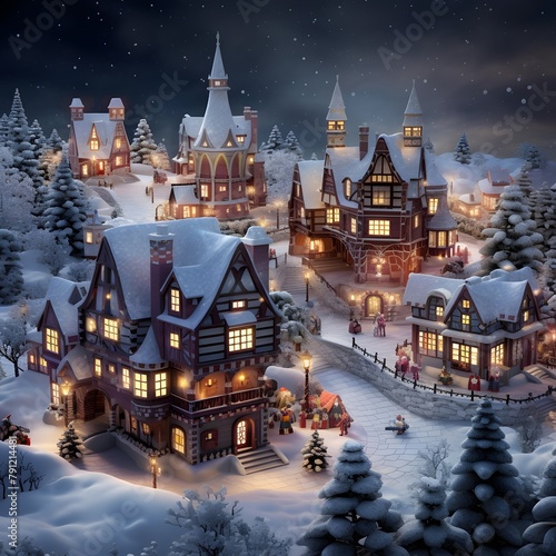 Winter village at night. Christmas background. 3d rendering. Computer digital drawing.