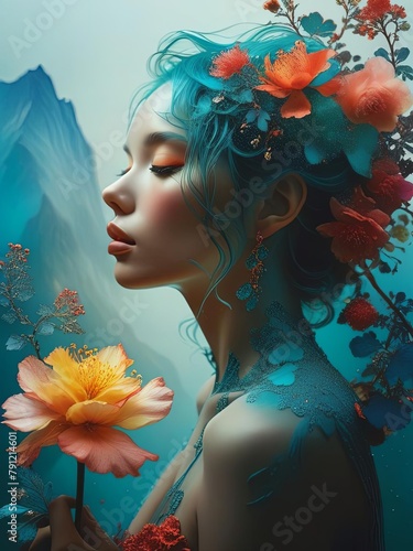 Artistic portrait of a woman with blue hair adorned with flowers
