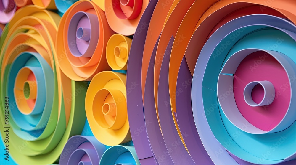 Paper spirals cut in an art class displayed against a colorful wall - obrazy, fototapety, plakaty 