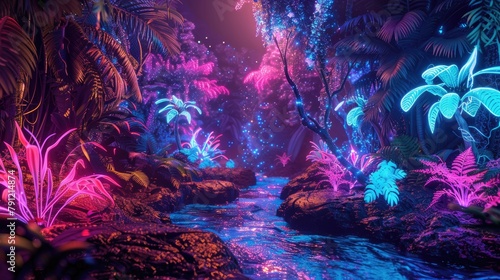 Neon jungle with glowing plants and fluorescent rivers
