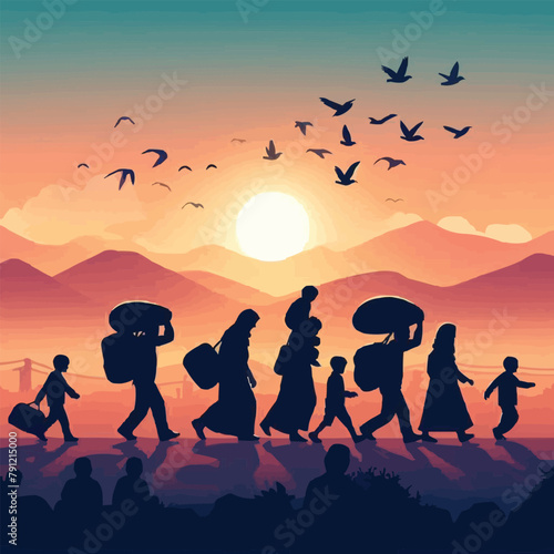 Vector illustration  silhouettes of refugee families walking towards a refugee camp  as a banner  poster or template for world refugee day.