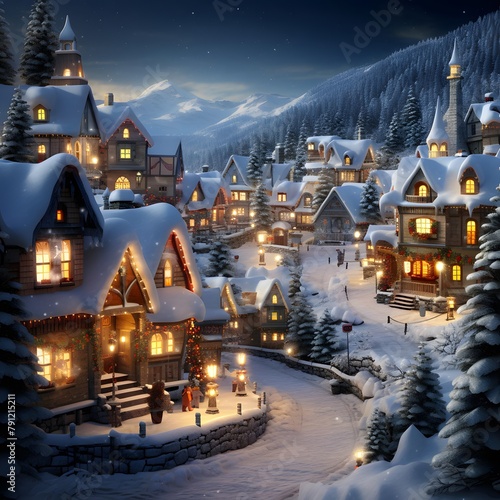 Winter village in the mountains at night. Christmas and New Year concept.