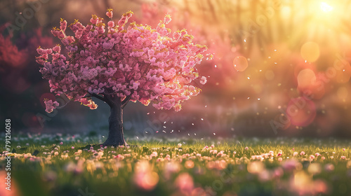 A tree with pink blossoms is in a field of grass. The tree is the main focus of the image, and the grass and flowers surrounding it create a peaceful and serene atmosphere