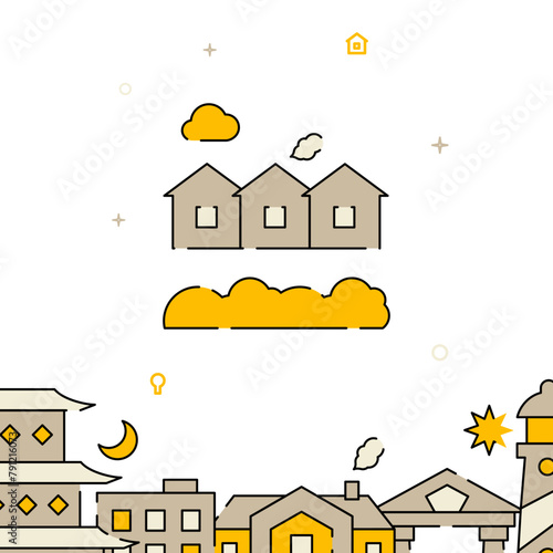 Townhouses, village filled line vector icon, simple illustration, related bottom border.