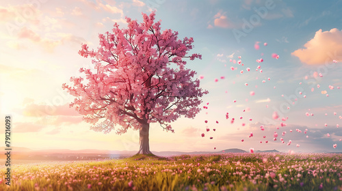 A tree with pink blossoms is in a field of grass. The tree is the main focus of the image, and the grass and flowers surrounding it create a peaceful and serene atmosphere