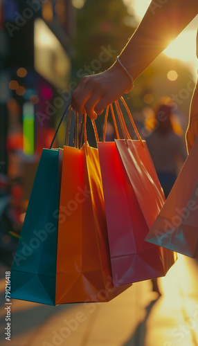 Shopping bags in the woman hands. Sale, shopping, tourism and happy people concept.