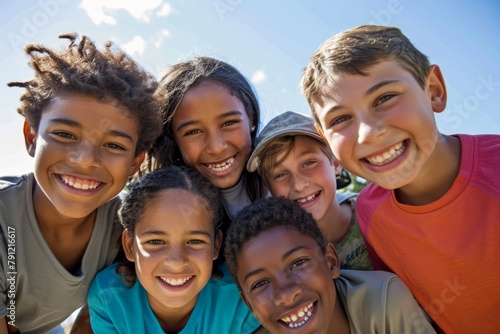 Portrait of group of children smiling at camera on a sunny day