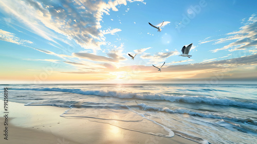 Tranquil Beach at Dawn: Gentle Waves, Soaring Seagulls