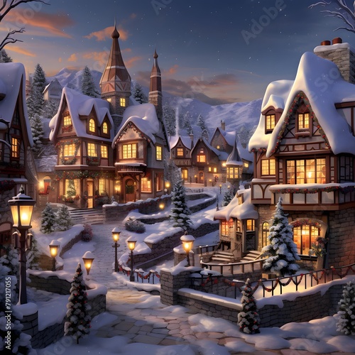 Beautiful Christmas village in the snow at night. Digital painting.