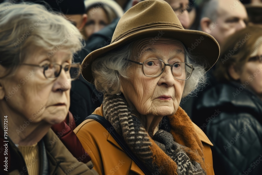 Senior woman in hat and glasses looking at the camera in a crowd