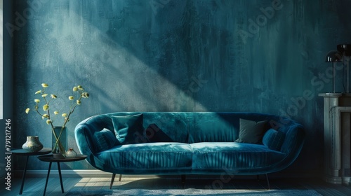 A fusion of luxury and modern design in a blue couch, emphasized by its isolation from any distracting backgrounds