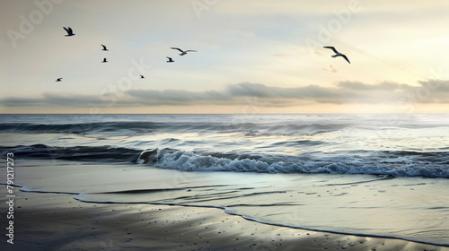 Tranquil Beach at Dawn: Gentle Waves, Soaring Seagulls