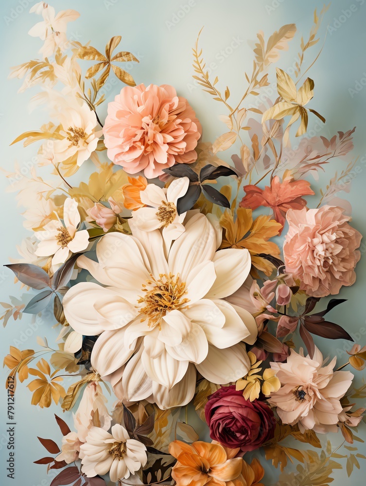 Closeup of a vintage floral arrangement featuring soft pastel flowers, set against a backdrop of faded floral wallpaper, perfect for a retro aesthetic