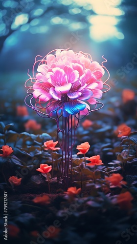 Conceptual image featuring a human brain shaped as a blooming flower, situated in a verdant garden, representing growth and creativity in mental health photo